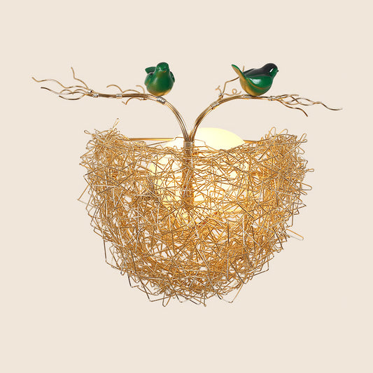 Opal Glass Globe Wall Sconce Light with Bird Nest Design Postmodern 1 Light Gold Wall Lamp, 14"/15" Wide Clearhalo 'Cast Iron' 'Glass' 'Industrial' 'Modern wall lights' 'Modern' 'Tiffany' 'Traditional wall lights' 'Wall Lamps & Sconces' 'Wall Lights' Lighting' 512688