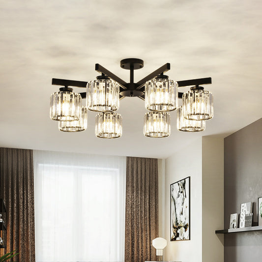8 Heads Living Room Semi Flush Mount Minimalist Black Close to Ceiling Light with Cylinder Crystal Shade Clearhalo 'Ceiling Lights' 'Close To Ceiling Lights' 'Close to ceiling' 'Glass shade' 'Glass' 'Pendant Lights' 'Semi-flushmount' Lighting' 512694