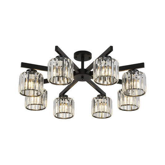 8 Heads Living Room Semi Flush Mount Minimalist Black Close to Ceiling Light with Cylinder Crystal Shade Clearhalo 'Ceiling Lights' 'Close To Ceiling Lights' 'Close to ceiling' 'Glass shade' 'Glass' 'Pendant Lights' 'Semi-flushmount' Lighting' 512695