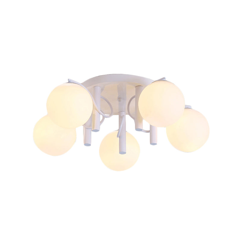 Contemporary 5 Bulbs Flushmount with Cream Glass Shade White/Black Global Semi Flush Ceiling Light Clearhalo 'Ceiling Lights' 'Close To Ceiling Lights' 'Close to ceiling' 'Flush mount' Lighting' 512759