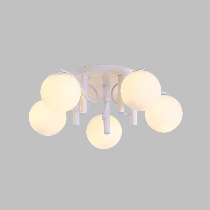Contemporary 5 Bulbs Flushmount with Cream Glass Shade White/Black Global Semi Flush Ceiling Light Clearhalo 'Ceiling Lights' 'Close To Ceiling Lights' 'Close to ceiling' 'Flush mount' Lighting' 512760
