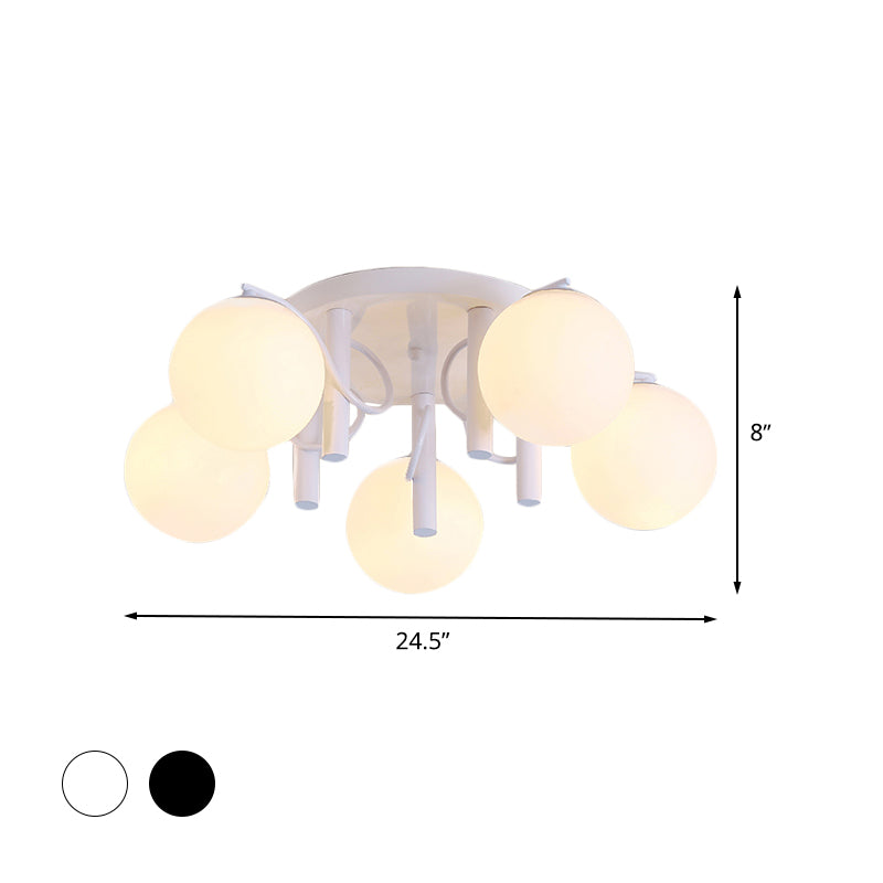 Contemporary 5 Bulbs Flushmount with Cream Glass Shade White/Black Global Semi Flush Ceiling Light Clearhalo 'Ceiling Lights' 'Close To Ceiling Lights' 'Close to ceiling' 'Flush mount' Lighting' 512761