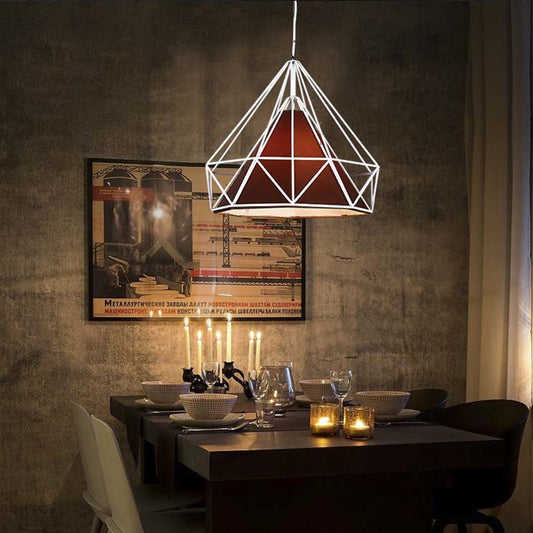 10/15/18" W 1 Bulb Diamond Cage Hanging Light Antique Style White/White and Brown Metal Ceiling Fixture with Fabric Shade Clearhalo 'Art Deco Pendants' 'Cast Iron' 'Ceiling Lights' 'Ceramic' 'Crystal' 'Industrial Pendants' 'Industrial' 'Metal' 'Middle Century Pendants' 'Pendant Lights' 'Pendants' 'Tiffany' Lighting' 5127