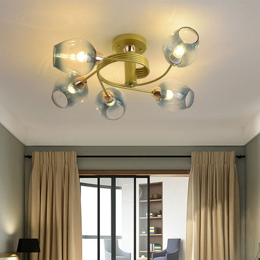 5 Bulbs Bedroom Flush Mount Modernist Gold Twisted Arm Semi Flush Lamp with Cup Gradual Blue Dimpled Glass Shade Blue Clearhalo 'Ceiling Lights' 'Close To Ceiling Lights' 'Close to ceiling' 'Glass shade' 'Glass' 'Pendant Lights' 'Semi-flushmount' Lighting' 512809