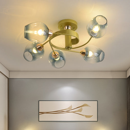 5 Bulbs Bedroom Flush Mount Modernist Gold Twisted Arm Semi Flush Lamp with Cup Gradual Blue Dimpled Glass Shade Clearhalo 'Ceiling Lights' 'Close To Ceiling Lights' 'Close to ceiling' 'Glass shade' 'Glass' 'Pendant Lights' 'Semi-flushmount' Lighting' 512810