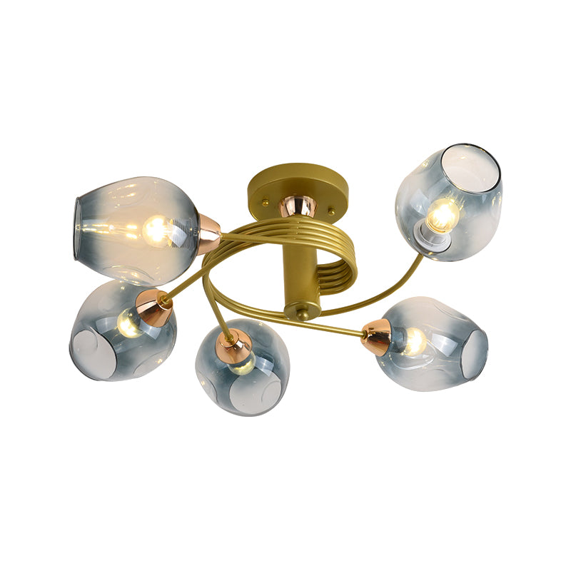 5 Bulbs Bedroom Flush Mount Modernist Gold Twisted Arm Semi Flush Lamp with Cup Gradual Blue Dimpled Glass Shade Clearhalo 'Ceiling Lights' 'Close To Ceiling Lights' 'Close to ceiling' 'Glass shade' 'Glass' 'Pendant Lights' 'Semi-flushmount' Lighting' 512811