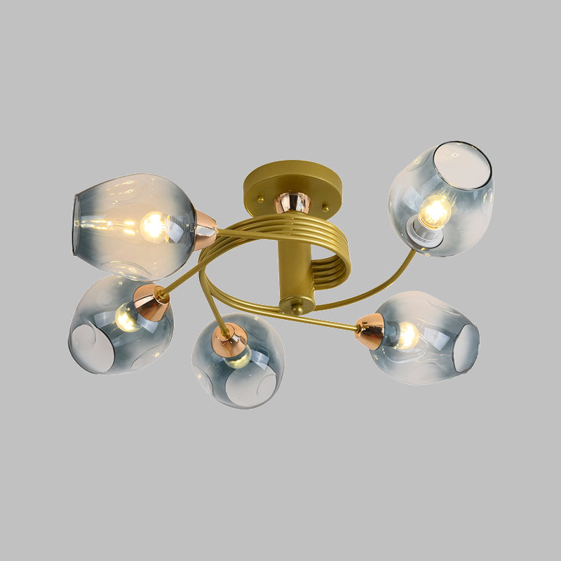 5 Bulbs Bedroom Flush Mount Modernist Gold Twisted Arm Semi Flush Lamp with Cup Gradual Blue Dimpled Glass Shade Clearhalo 'Ceiling Lights' 'Close To Ceiling Lights' 'Close to ceiling' 'Glass shade' 'Glass' 'Pendant Lights' 'Semi-flushmount' Lighting' 512812