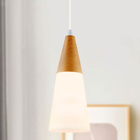 White Glass Cone Hanging Light Modern 1 Light Pendant Light Fixture with Wood Cap White Clearhalo 'Ceiling Lights' 'Glass shade' 'Glass' 'Modern Pendants' 'Modern' 'Pendant Lights' 'Pendants' Lighting' 512829
