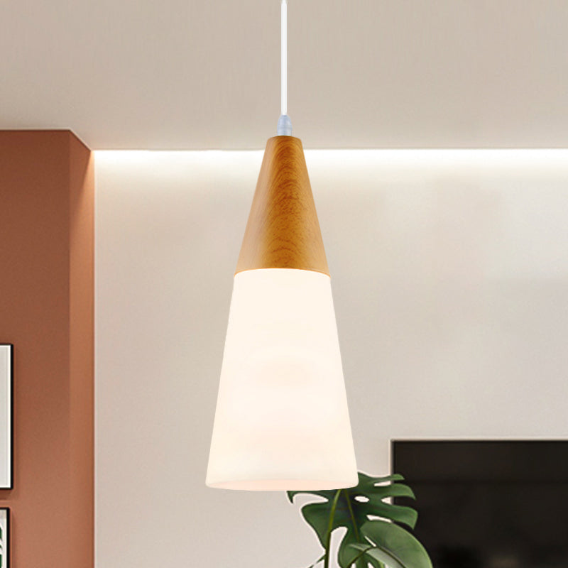 White Glass Cone Hanging Light Modern 1 Light Pendant Light Fixture with Wood Cap Clearhalo 'Ceiling Lights' 'Glass shade' 'Glass' 'Modern Pendants' 'Modern' 'Pendant Lights' 'Pendants' Lighting' 512830