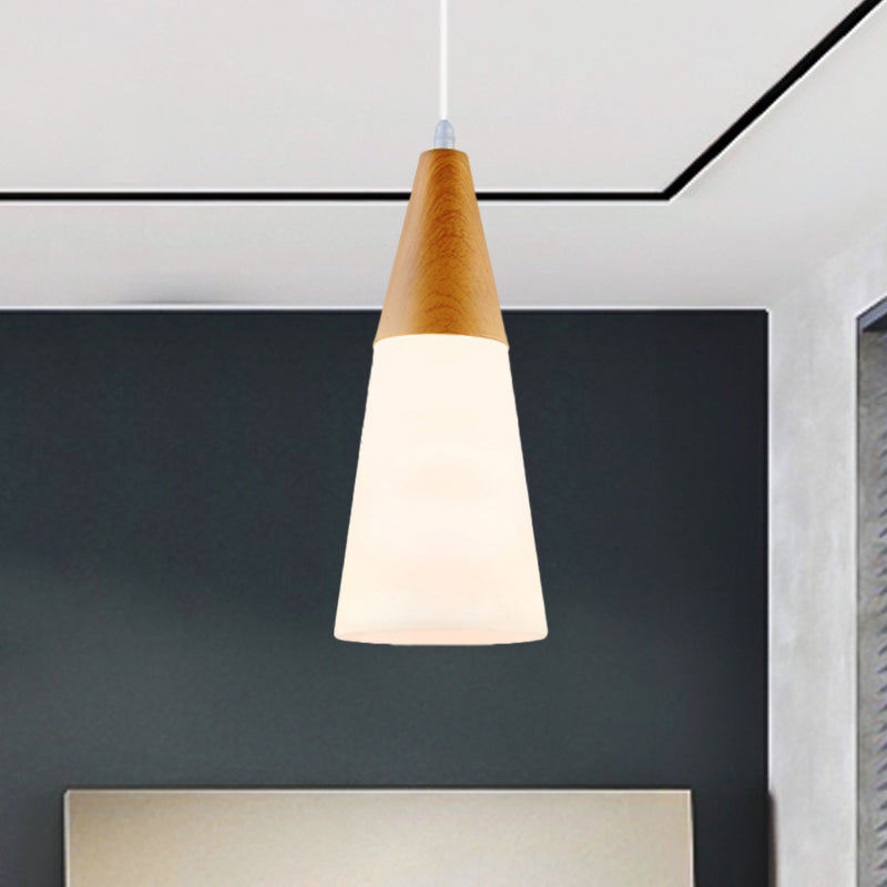 White Glass Cone Hanging Light Modern 1 Light Pendant Light Fixture with Wood Cap Clearhalo 'Ceiling Lights' 'Glass shade' 'Glass' 'Modern Pendants' 'Modern' 'Pendant Lights' 'Pendants' Lighting' 512831
