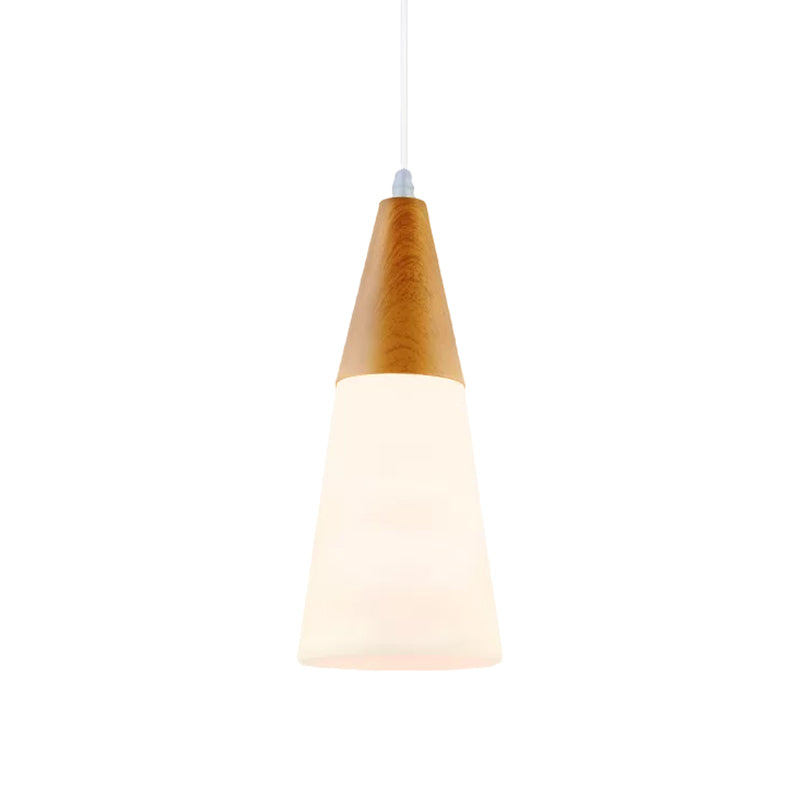 White Glass Cone Hanging Light Modern 1 Light Pendant Light Fixture with Wood Cap Clearhalo 'Ceiling Lights' 'Glass shade' 'Glass' 'Modern Pendants' 'Modern' 'Pendant Lights' 'Pendants' Lighting' 512832