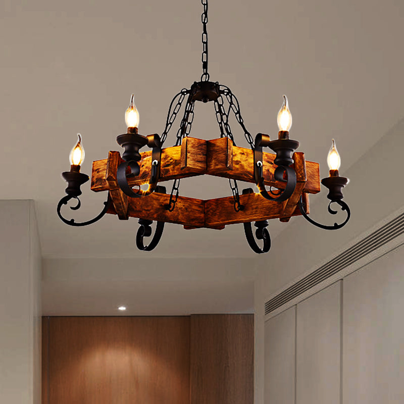 Clear Glass Black Pendant Lamp Candle 6-Light Vintage Chandelier Light Fixture with Wooden Backplate Clearhalo 'Cast Iron' 'Ceiling Lights' 'Chandeliers' 'Industrial Chandeliers' 'Industrial' 'Metal' 'Middle Century Chandeliers' 'Rustic Chandeliers' 'Tiffany' Lighting' 513148