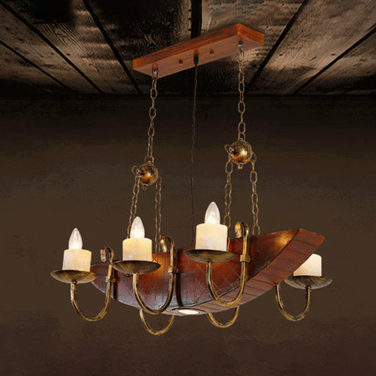 Antique Brass Candle Chandelier Lamp Rustic Metal 6-Light Living Room Hanging Light with Wooden Shelf Clearhalo 'Cast Iron' 'Ceiling Lights' 'Chandeliers' 'Industrial Chandeliers' 'Industrial' 'Metal' 'Middle Century Chandeliers' 'Rustic Chandeliers' 'Tiffany' Lighting' 513151