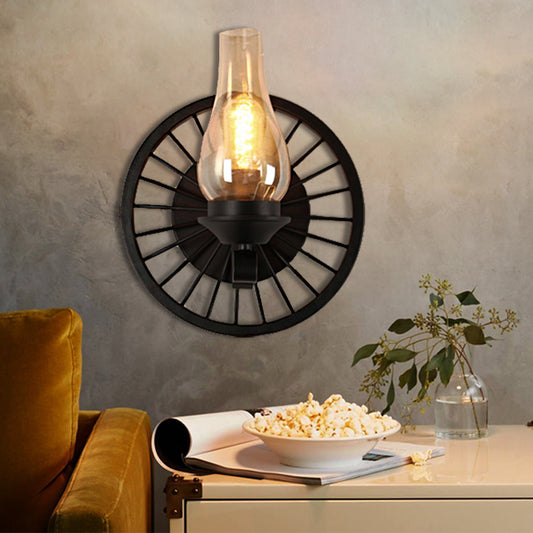 Vase Shade Dining Room Wall Light Fixture Coastal Amber Glass 1/2-Light Black Sconce Lamp with Wheel 1.0 Black Clearhalo 'Art deco wall lights' 'Cast Iron' 'Glass' 'Industrial wall lights' 'Industrial' 'Middle century wall lights' 'Modern' 'Rustic wall lights' 'Tiffany' 'Traditional wall lights' 'Wall Lamps & Sconces' 'Wall Lights' Lighting' 513176