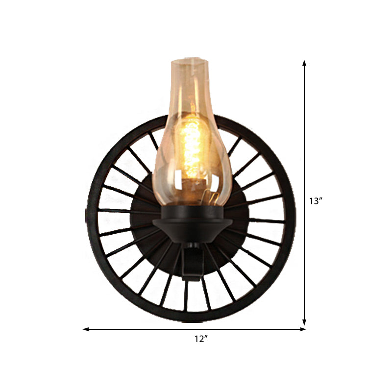 Vase Shade Dining Room Wall Light Fixture Coastal Amber Glass 1/2-Light Black Sconce Lamp with Wheel Clearhalo 'Art deco wall lights' 'Cast Iron' 'Glass' 'Industrial wall lights' 'Industrial' 'Middle century wall lights' 'Modern' 'Rustic wall lights' 'Tiffany' 'Traditional wall lights' 'Wall Lamps & Sconces' 'Wall Lights' Lighting' 513179