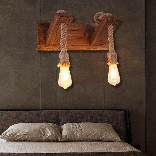 Wood Exposed Bulb Wall Lighting Industrial Style Rope 1/2 Light Bedroom Sconce Lamp 2.0 Wood Clearhalo 'Industrial wall lights' 'Industrial' 'Middle century wall lights' 'Rustic wall lights' 'Tiffany' 'Wall Lamps & Sconces' 'Wall Lights' Lighting' 513181