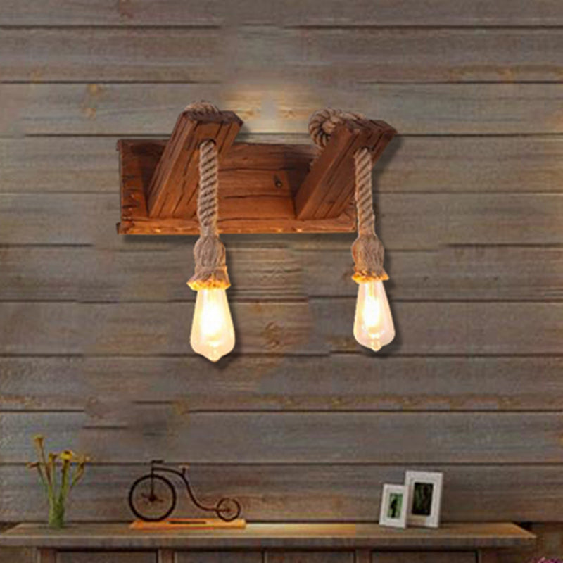 Wood Exposed Bulb Wall Lighting Industrial Style Rope 1/2 Light Bedroom Sconce Lamp Clearhalo 'Industrial wall lights' 'Industrial' 'Middle century wall lights' 'Rustic wall lights' 'Tiffany' 'Wall Lamps & Sconces' 'Wall Lights' Lighting' 513182