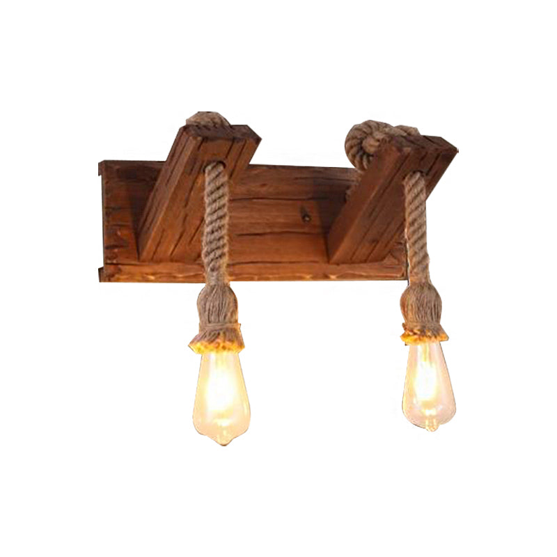 Wood Exposed Bulb Wall Lighting Industrial Style Rope 1/2 Light Bedroom Sconce Lamp Clearhalo 'Industrial wall lights' 'Industrial' 'Middle century wall lights' 'Rustic wall lights' 'Tiffany' 'Wall Lamps & Sconces' 'Wall Lights' Lighting' 513183