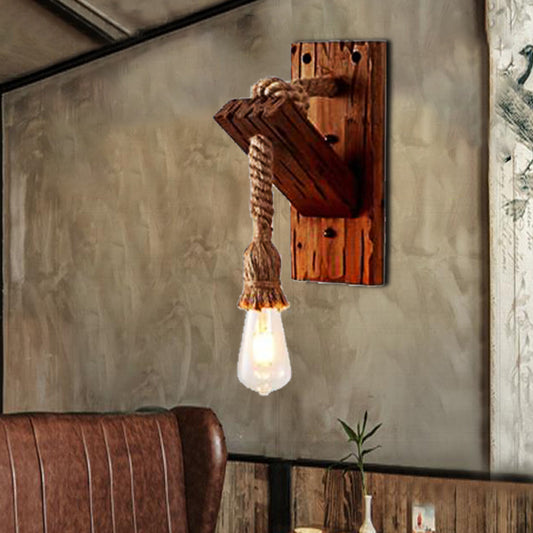 Wood Exposed Bulb Wall Lighting Industrial Style Rope 1/2 Light Bedroom Sconce Lamp 1.0 Wood Clearhalo 'Industrial wall lights' 'Industrial' 'Middle century wall lights' 'Rustic wall lights' 'Tiffany' 'Wall Lamps & Sconces' 'Wall Lights' Lighting' 513185