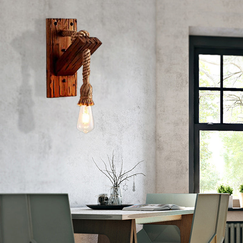 Wood Exposed Bulb Wall Lighting Industrial Style Rope 1/2 Light Bedroom Sconce Lamp Clearhalo 'Industrial wall lights' 'Industrial' 'Middle century wall lights' 'Rustic wall lights' 'Tiffany' 'Wall Lamps & Sconces' 'Wall Lights' Lighting' 513186
