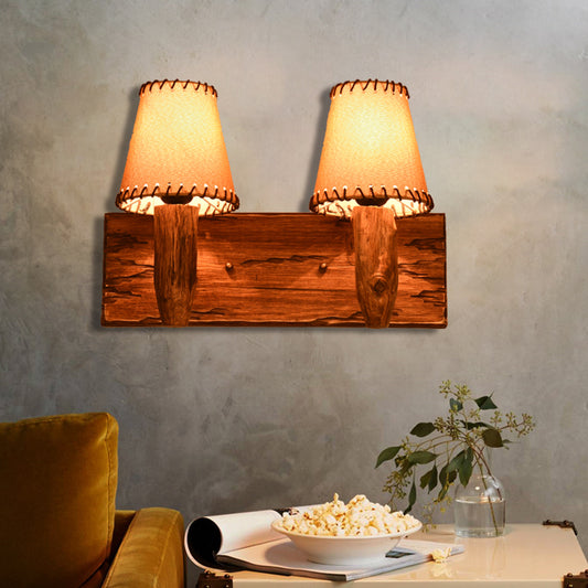 1/2-Light Tapered Wall Lamp Industrial Wood Fabric Sconce Light Fixture for Dining Room 2.0 Wood Clearhalo 'Industrial wall lights' 'Industrial' 'Middle century wall lights' 'Rustic wall lights' 'Tiffany' 'Wall Lamps & Sconces' 'Wall Lights' Lighting' 513197