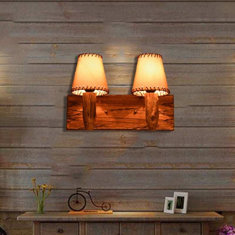 1/2-Light Tapered Wall Lamp Industrial Wood Fabric Sconce Light Fixture for Dining Room Clearhalo 'Industrial wall lights' 'Industrial' 'Middle century wall lights' 'Rustic wall lights' 'Tiffany' 'Wall Lamps & Sconces' 'Wall Lights' Lighting' 513198