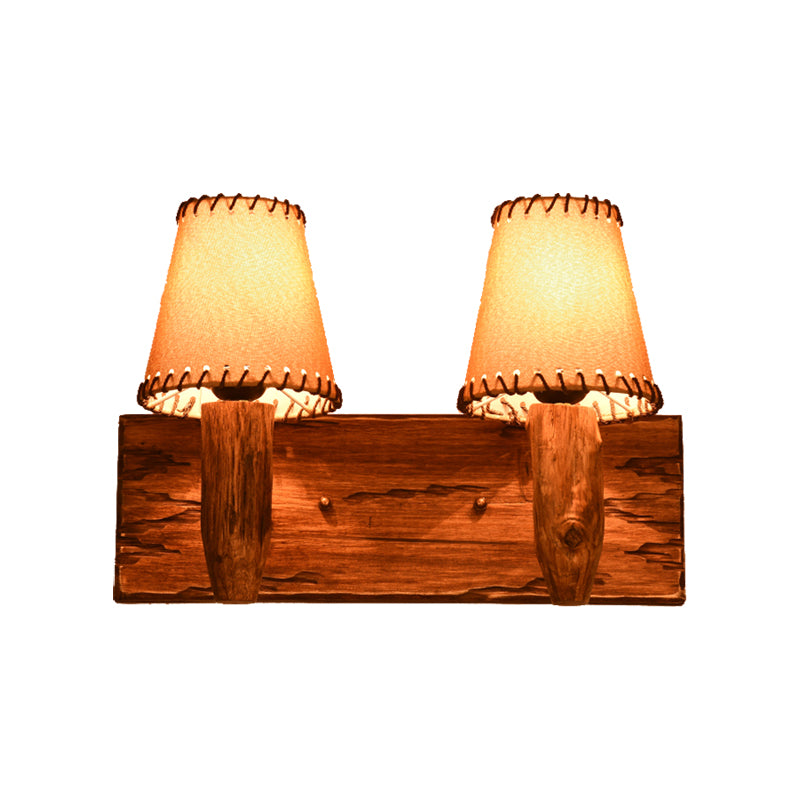 1/2-Light Tapered Wall Lamp Industrial Wood Fabric Sconce Light Fixture for Dining Room Clearhalo 'Industrial wall lights' 'Industrial' 'Middle century wall lights' 'Rustic wall lights' 'Tiffany' 'Wall Lamps & Sconces' 'Wall Lights' Lighting' 513199