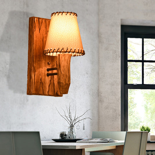 1/2-Light Tapered Wall Lamp Industrial Wood Fabric Sconce Light Fixture for Dining Room 1.0 Wood Clearhalo 'Industrial wall lights' 'Industrial' 'Middle century wall lights' 'Rustic wall lights' 'Tiffany' 'Wall Lamps & Sconces' 'Wall Lights' Lighting' 513201