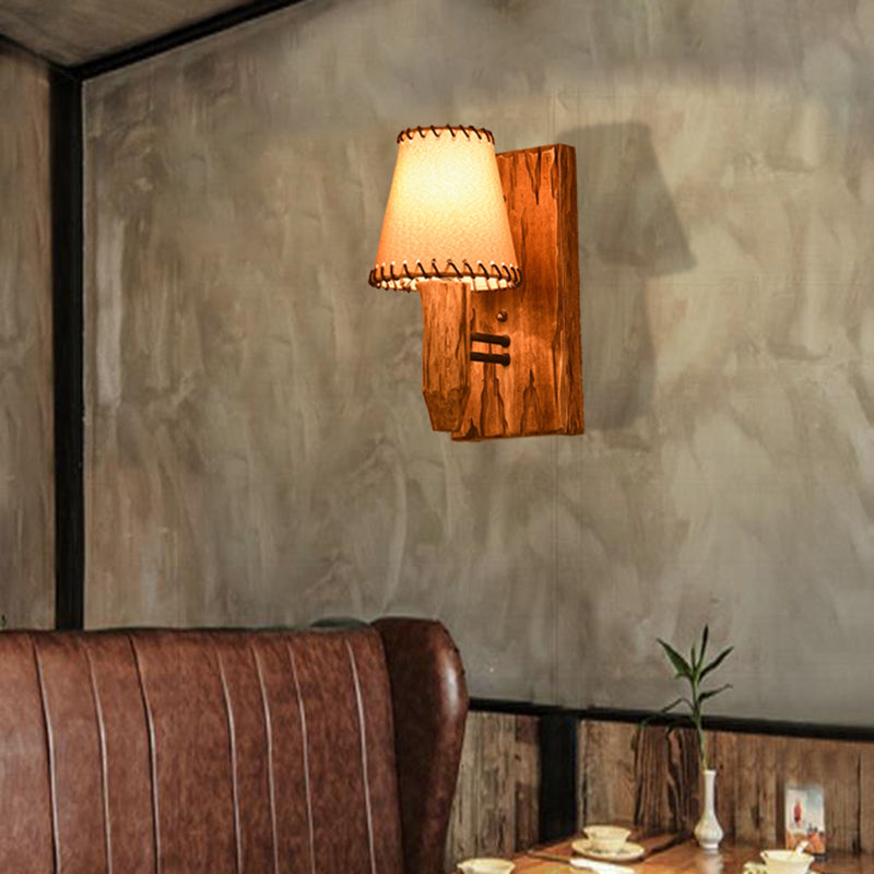 1/2-Light Tapered Wall Lamp Industrial Wood Fabric Sconce Light Fixture for Dining Room Clearhalo 'Industrial wall lights' 'Industrial' 'Middle century wall lights' 'Rustic wall lights' 'Tiffany' 'Wall Lamps & Sconces' 'Wall Lights' Lighting' 513202