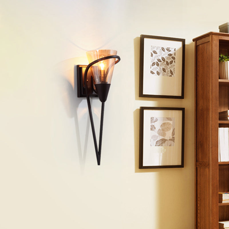 Vintage Conical Sconce Lamp 1 Bulb Amber Glass Wall Mounted Light in Black with Rectangle Backplate Clearhalo 'Art deco wall lights' 'Cast Iron' 'Glass' 'Industrial wall lights' 'Industrial' 'Middle century wall lights' 'Modern' 'Rustic wall lights' 'Tiffany' 'Traditional wall lights' 'Wall Lamps & Sconces' 'Wall Lights' Lighting' 513222
