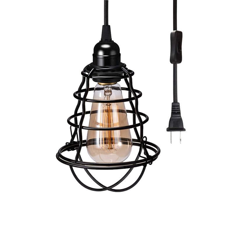 Black 1 Light Pendant Lighting Industrial Metal Tapered Hanging Lamp for Coffee Shop with Cage Clearhalo 'Art Deco Pendants' 'Black' 'Cast Iron' 'Ceiling Lights' 'Ceramic' 'Crystal' 'Industrial Pendants' 'Industrial' 'Metal' 'Middle Century Pendants' 'Pendant Lights' 'Pendants' 'Rustic Pendants' 'Tiffany' Lighting' 513264