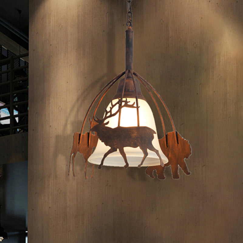 1 Light Bell Shade Ceiling Pendant Light Vintage Rust Opal Glass Hanging Lamp with Elk Cage Clearhalo 'Art Deco Pendants' 'Cast Iron' 'Ceiling Lights' 'Ceramic' 'Crystal' 'Industrial Pendants' 'Industrial' 'Metal' 'Middle Century Pendants' 'Pendant Lights' 'Pendants' 'Tiffany' Lighting' 513311