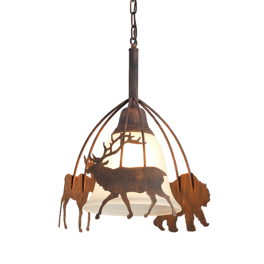 1 Light Bell Shade Ceiling Pendant Light Vintage Rust Opal Glass Hanging Lamp with Elk Cage Clearhalo 'Art Deco Pendants' 'Cast Iron' 'Ceiling Lights' 'Ceramic' 'Crystal' 'Industrial Pendants' 'Industrial' 'Metal' 'Middle Century Pendants' 'Pendant Lights' 'Pendants' 'Tiffany' Lighting' 513312