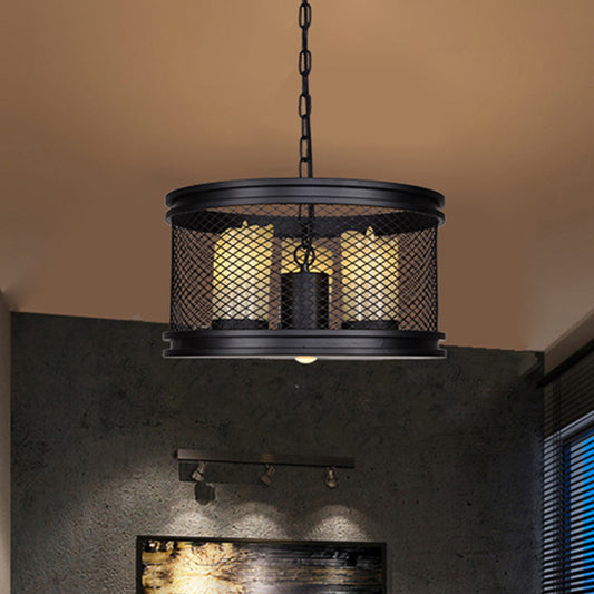 Black Drum Shade Chandelier Industrial Metal and Resin 3-Light Living Room Pendant Lighting Fixture with Cage Clearhalo 'Cast Iron' 'Ceiling Lights' 'Chandeliers' 'Industrial Chandeliers' 'Industrial' 'Metal' 'Middle Century Chandeliers' 'Rustic Chandeliers' 'Tiffany' Lighting' 513315