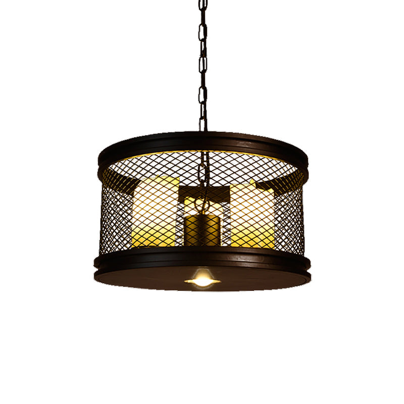 Black Drum Shade Chandelier Industrial Metal and Resin 3-Light Living Room Pendant Lighting Fixture with Cage Clearhalo 'Cast Iron' 'Ceiling Lights' 'Chandeliers' 'Industrial Chandeliers' 'Industrial' 'Metal' 'Middle Century Chandeliers' 'Rustic Chandeliers' 'Tiffany' Lighting' 513316