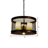 Black Drum Shade Chandelier Industrial Metal and Resin 3-Light Living Room Pendant Lighting Fixture with Cage Clearhalo 'Cast Iron' 'Ceiling Lights' 'Chandeliers' 'Industrial Chandeliers' 'Industrial' 'Metal' 'Middle Century Chandeliers' 'Rustic Chandeliers' 'Tiffany' Lighting' 513317