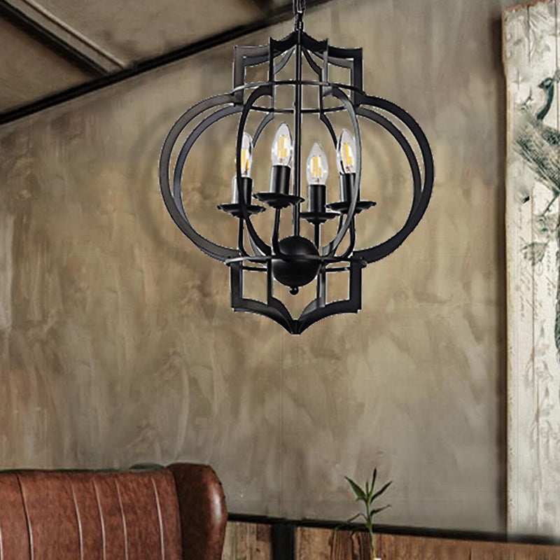 4-Bulb Ceiling Lamp with Candle Metal Shade Industrial Dining Room Chandelier Pendant Light in Black Black Clearhalo 'Cast Iron' 'Ceiling Lights' 'Chandeliers' 'Industrial Chandeliers' 'Industrial' 'Metal' 'Middle Century Chandeliers' 'Rustic Chandeliers' 'Tiffany' Lighting' 513319