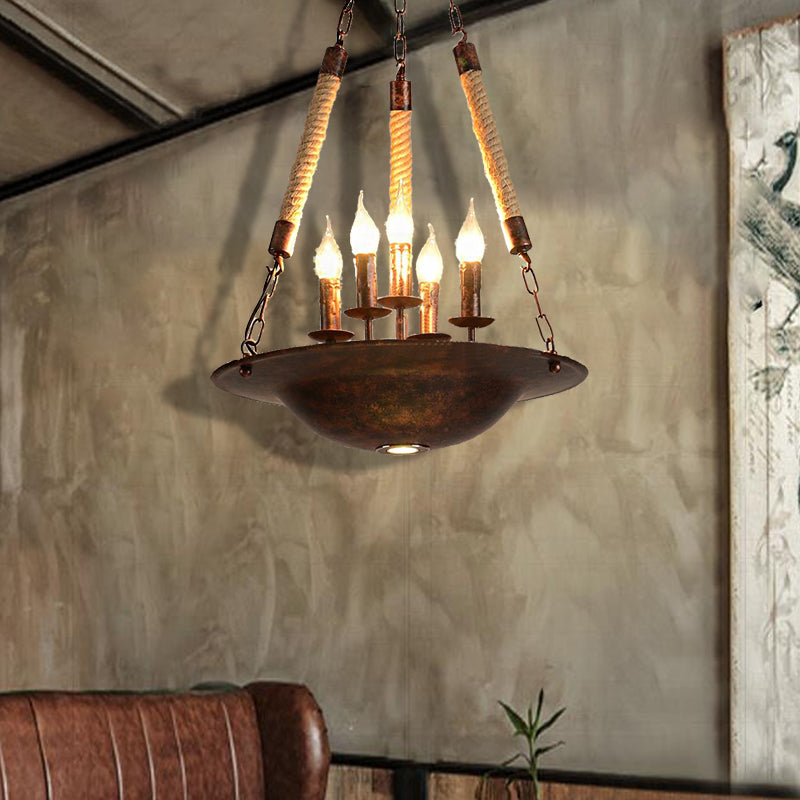 5-Light Metal Hanging Chandelier Industrial Rust Candle Dining Room Pendant Light Fixture with Rope Chain Rust Clearhalo 'Cast Iron' 'Ceiling Lights' 'Chandeliers' 'Industrial Chandeliers' 'Industrial' 'Metal' 'Middle Century Chandeliers' 'Rustic Chandeliers' 'Tiffany' Lighting' 513323