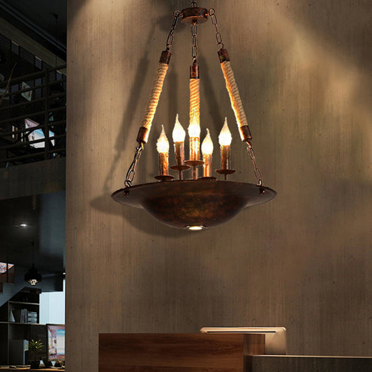 5-Light Metal Hanging Chandelier Industrial Rust Candle Dining Room Pendant Light Fixture with Rope Chain Clearhalo 'Cast Iron' 'Ceiling Lights' 'Chandeliers' 'Industrial Chandeliers' 'Industrial' 'Metal' 'Middle Century Chandeliers' 'Rustic Chandeliers' 'Tiffany' Lighting' 513324