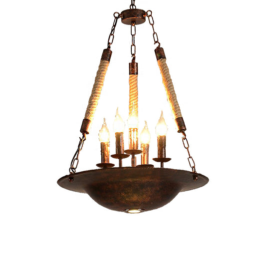 5-Light Metal Hanging Chandelier Industrial Rust Candle Dining Room Pendant Light Fixture with Rope Chain Clearhalo 'Cast Iron' 'Ceiling Lights' 'Chandeliers' 'Industrial Chandeliers' 'Industrial' 'Metal' 'Middle Century Chandeliers' 'Rustic Chandeliers' 'Tiffany' Lighting' 513325