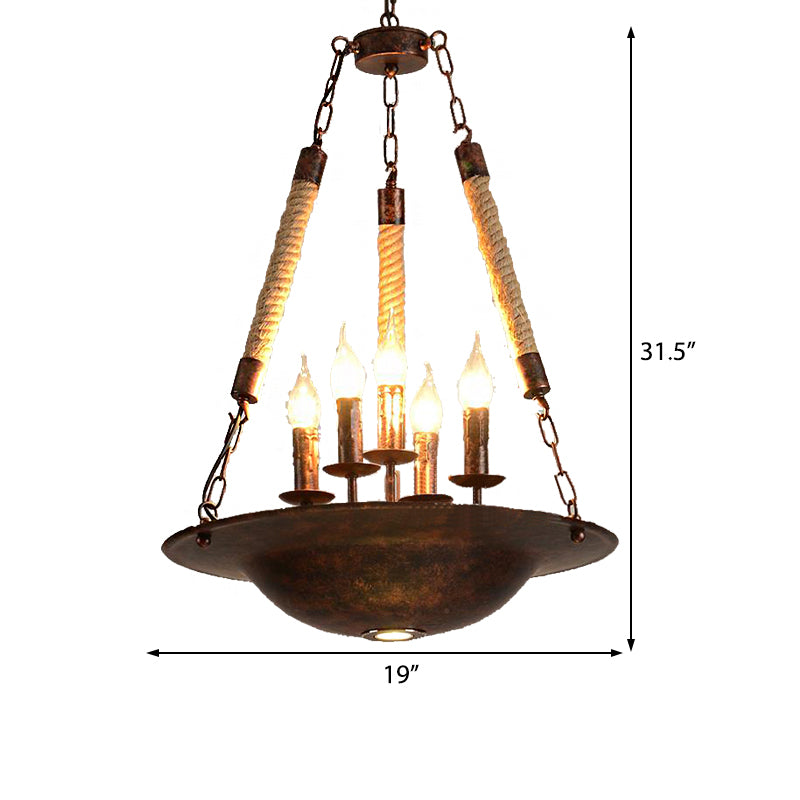 5-Light Metal Hanging Chandelier Industrial Rust Candle Dining Room Pendant Light Fixture with Rope Chain Clearhalo 'Cast Iron' 'Ceiling Lights' 'Chandeliers' 'Industrial Chandeliers' 'Industrial' 'Metal' 'Middle Century Chandeliers' 'Rustic Chandeliers' 'Tiffany' Lighting' 513326