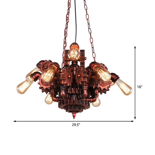 Gear Living Room Pendant Chandelier Vintage Wrought Iron 9 Lights Weathered Copper Hanging Fixture with Chain Clearhalo 'Cast Iron' 'Ceiling Lights' 'Chandeliers' 'Industrial Chandeliers' 'Industrial' 'Metal' 'Middle Century Chandeliers' 'Rustic Chandeliers' 'Tiffany' Lighting' 513334