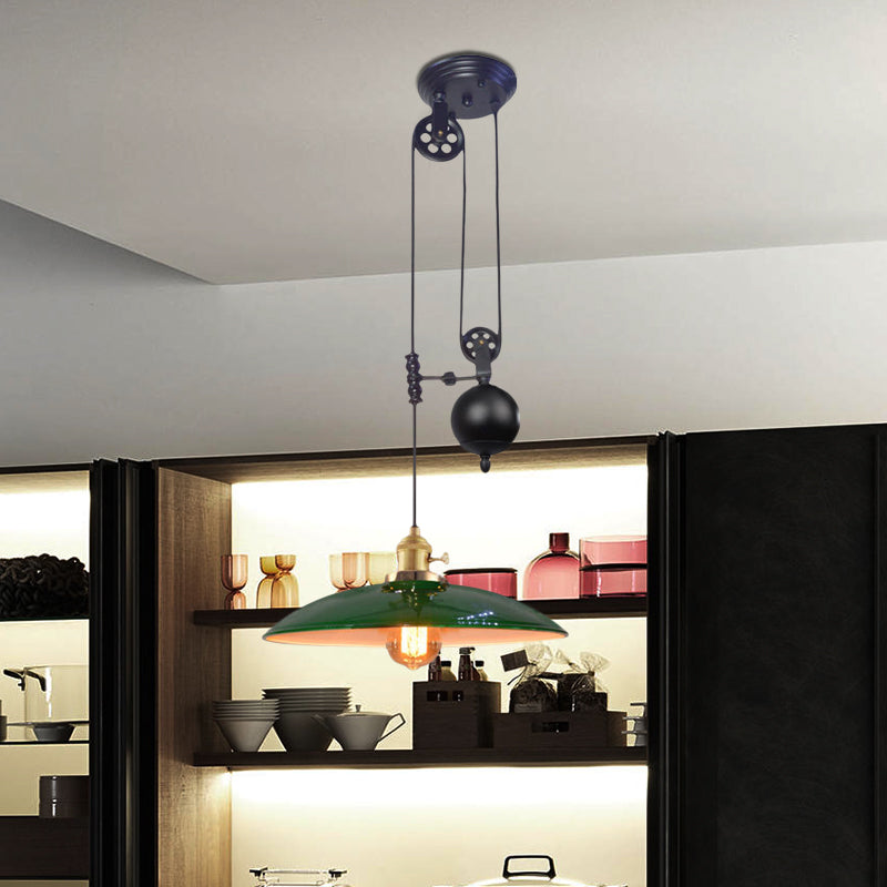 1 Light Hanging Ceiling Light with Dome Metal Shade Industrial Living Room Pendant Lighting in Black/White/Red Clearhalo 'Art Deco Pendants' 'Black' 'Cast Iron' 'Ceiling Lights' 'Ceramic' 'Crystal' 'Industrial Pendants' 'Industrial' 'Metal' 'Middle Century Pendants' 'Pendant Lights' 'Pendants' 'Rustic Pendants' 'Tiffany' Lighting' 513351