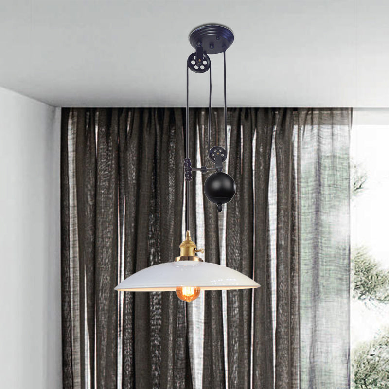 1 Light Hanging Ceiling Light with Dome Metal Shade Industrial Living Room Pendant Lighting in Black/White/Red Clearhalo 'Art Deco Pendants' 'Black' 'Cast Iron' 'Ceiling Lights' 'Ceramic' 'Crystal' 'Industrial Pendants' 'Industrial' 'Metal' 'Middle Century Pendants' 'Pendant Lights' 'Pendants' 'Rustic Pendants' 'Tiffany' Lighting' 513354