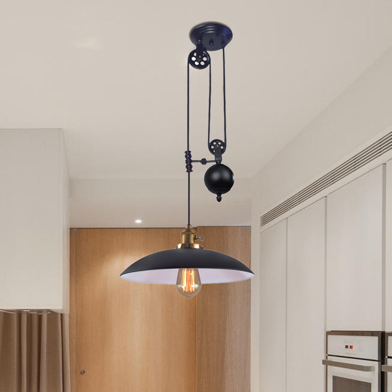 1 Light Hanging Ceiling Light with Dome Metal Shade Industrial Living Room Pendant Lighting in Black/White/Red Clearhalo 'Art Deco Pendants' 'Black' 'Cast Iron' 'Ceiling Lights' 'Ceramic' 'Crystal' 'Industrial Pendants' 'Industrial' 'Metal' 'Middle Century Pendants' 'Pendant Lights' 'Pendants' 'Rustic Pendants' 'Tiffany' Lighting' 513357