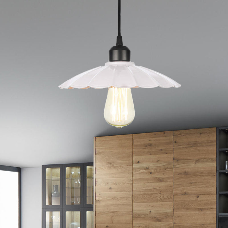 1 Light Indoor Pendant Lighting Farmhouse Black/White Hanging Light Fixture with Cone/Wavy/Wide Flare Metal Shade White Wavy Clearhalo 'Art Deco Pendants' 'Black' 'Cast Iron' 'Ceiling Lights' 'Ceramic' 'Crystal' 'Industrial Pendants' 'Industrial' 'Metal' 'Middle Century Pendants' 'Pendant Lights' 'Pendants' 'Rustic Pendants' 'Tiffany' Lighting' 513381