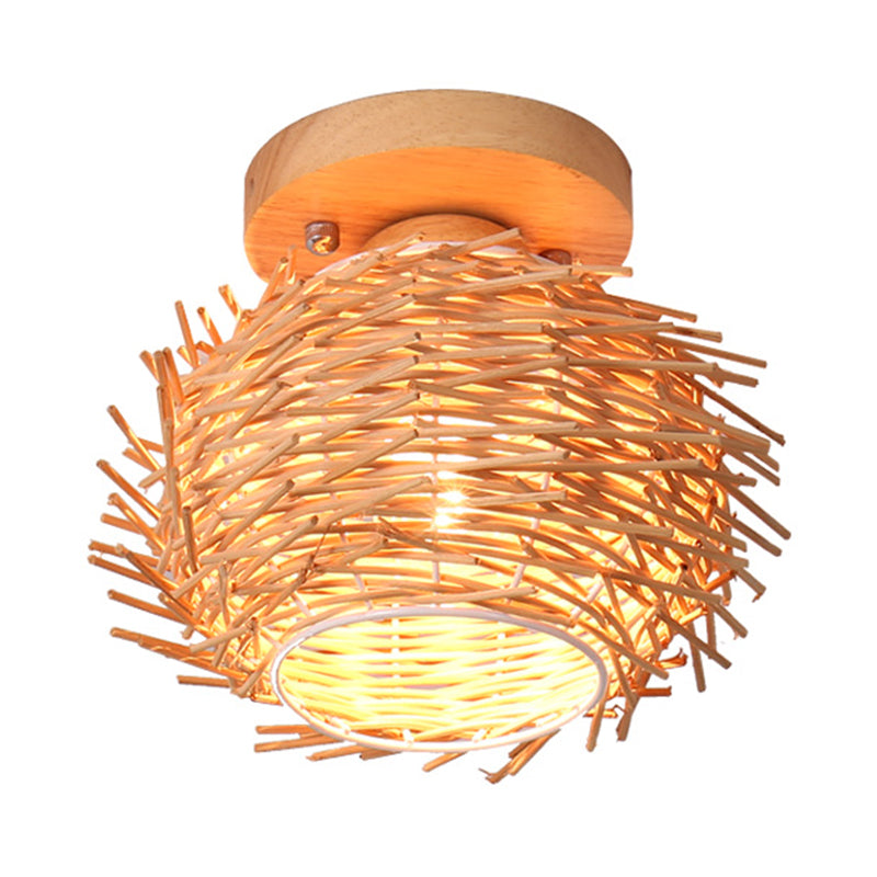 Rustic Handmade Flush Mount Lamp Bamboo 1 Bulb Ceiling Mount Light Fixture in Wood for Living Room Clearhalo 'Ceiling Lights' 'Close To Ceiling Lights' 'Close to ceiling' 'Flush mount' Lighting' 513386