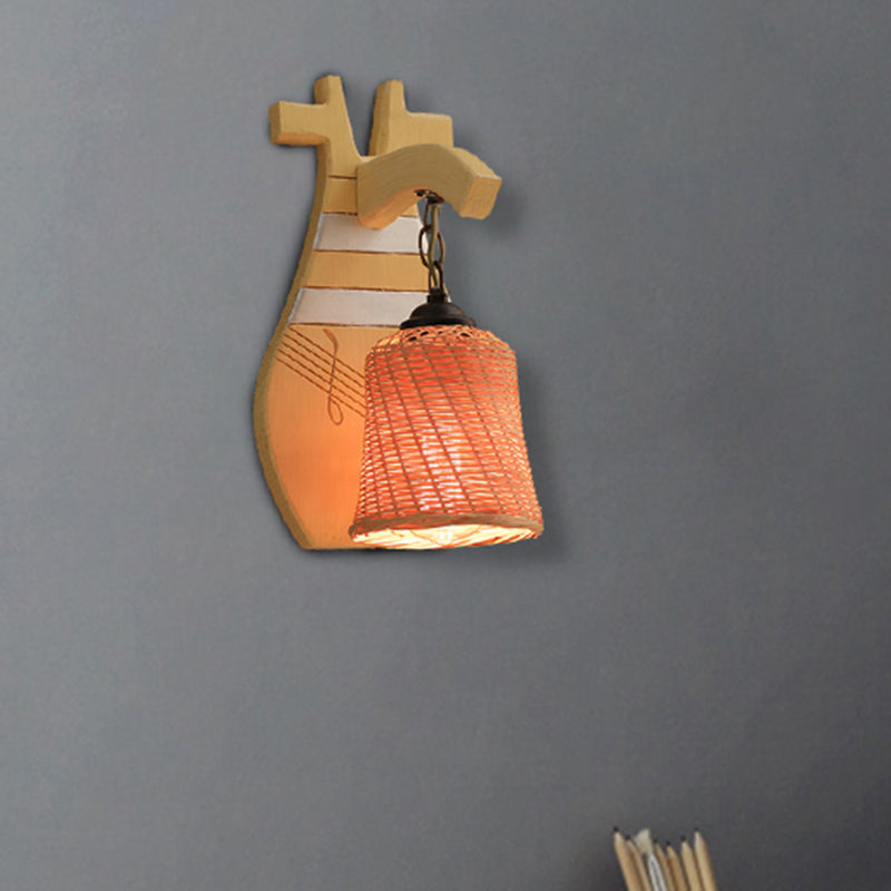 Wood Kettle/Bell/Trumpet Sconce Light Traditionary Bamboo 1 Bulb Up/Down Wall Mounted Lamp with Hemicylinder/Block Backplate Clearhalo 'Modern wall lights' 'Modern' 'Wall Lamps & Sconces' 'Wall Lights' Lighting' 513390