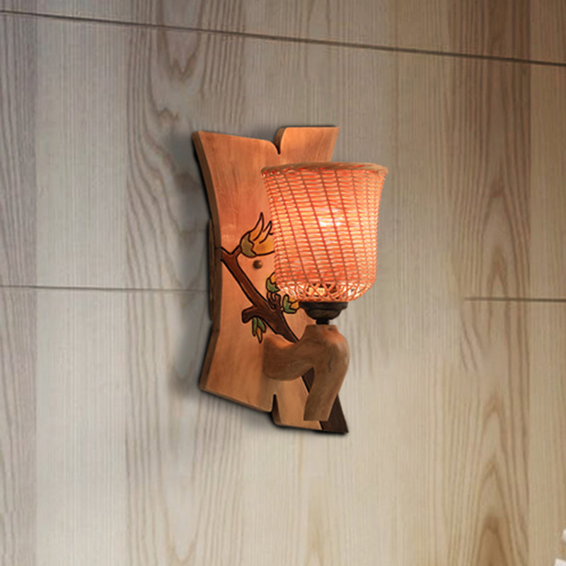 Wood Kettle/Bell/Trumpet Sconce Light Traditionary Bamboo 1 Bulb Up/Down Wall Mounted Lamp with Hemicylinder/Block Backplate Clearhalo 'Modern wall lights' 'Modern' 'Wall Lamps & Sconces' 'Wall Lights' Lighting' 513392