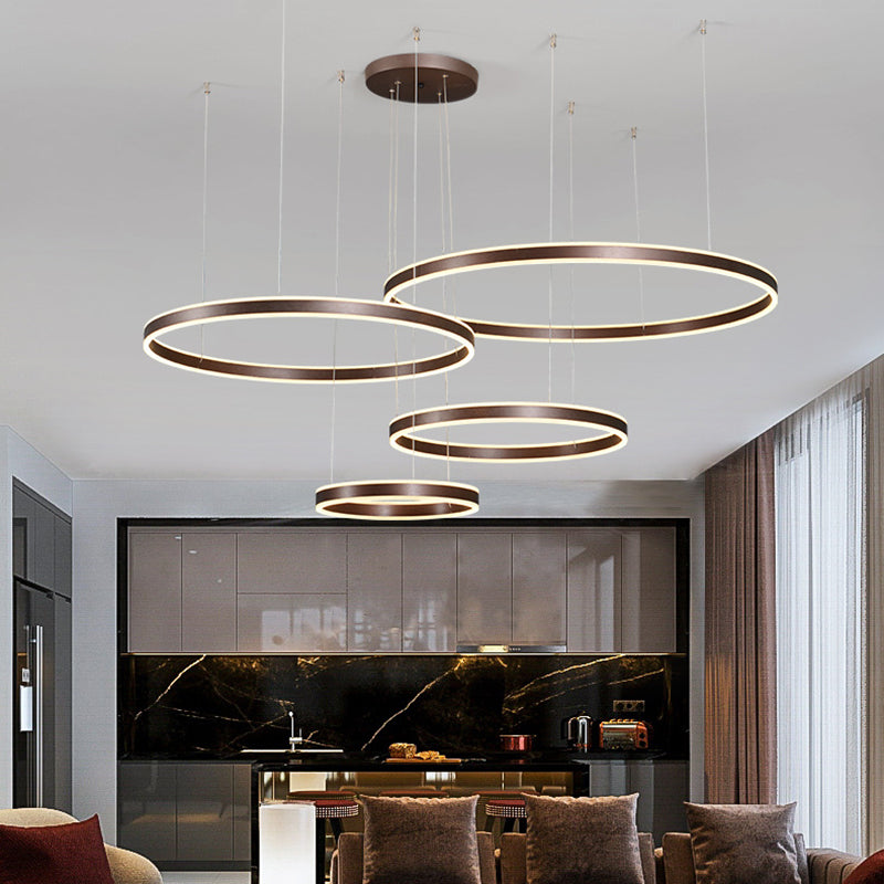 3/4-Light Circular LED Chandelier Contemporary Coffee Acrylic Pendant Lighting in Warm/White Light 4 Coffee Clearhalo 'Ceiling Lights' 'Chandeliers' 'Modern Chandeliers' 'Modern' Lighting' 513477